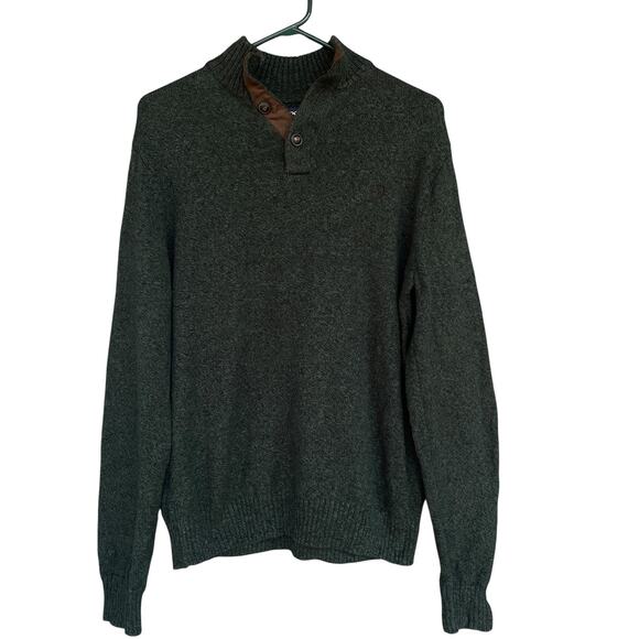 Chaps Sweater Mens Medium Green Quarter Button Pullover Elbow Patches Cotton - Picture 1 of 10